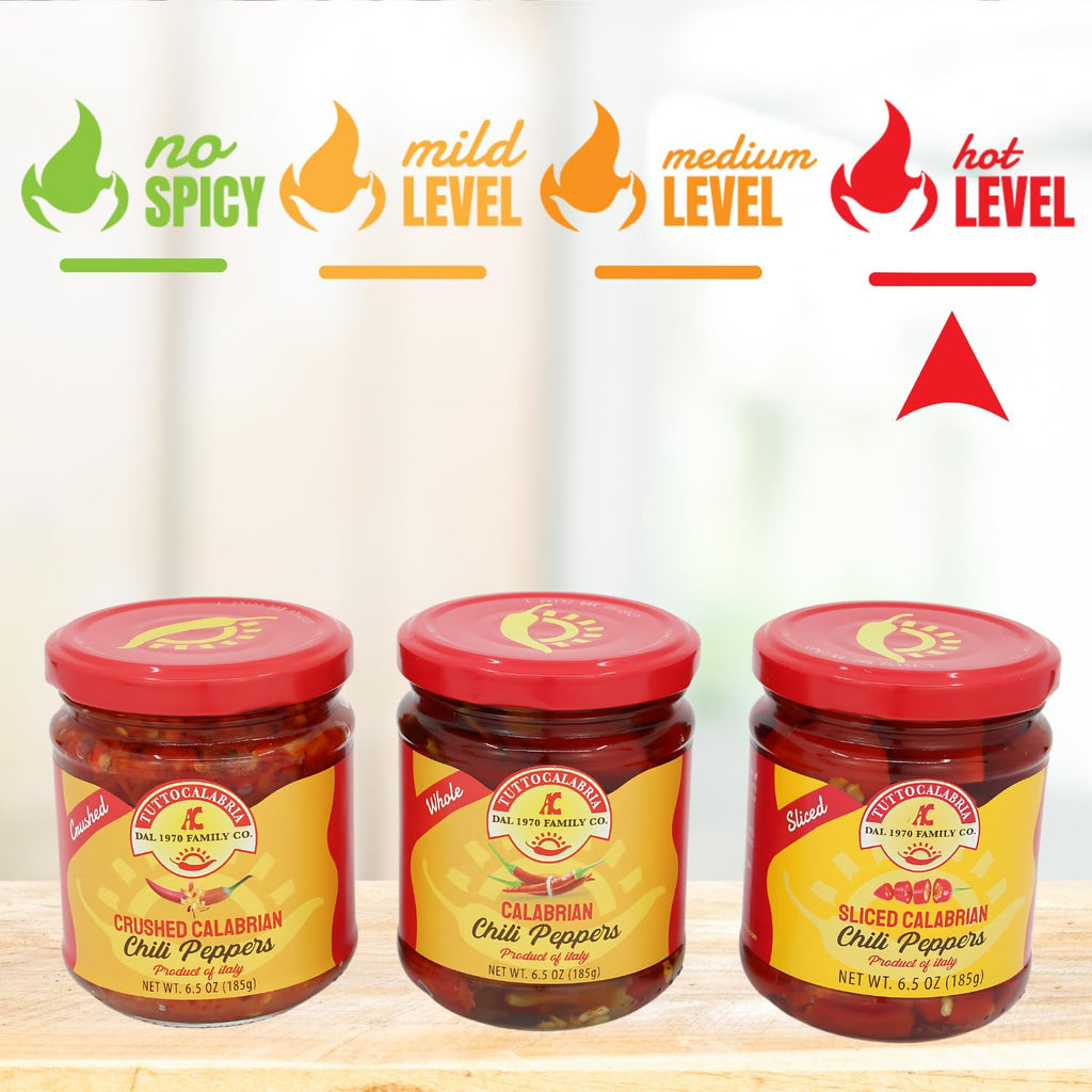 TuttoCalabria Calabrian Chili Pepper Gift Set – Hot Whole, Crushed and Sliced – 3 x 6.5 oz Jars