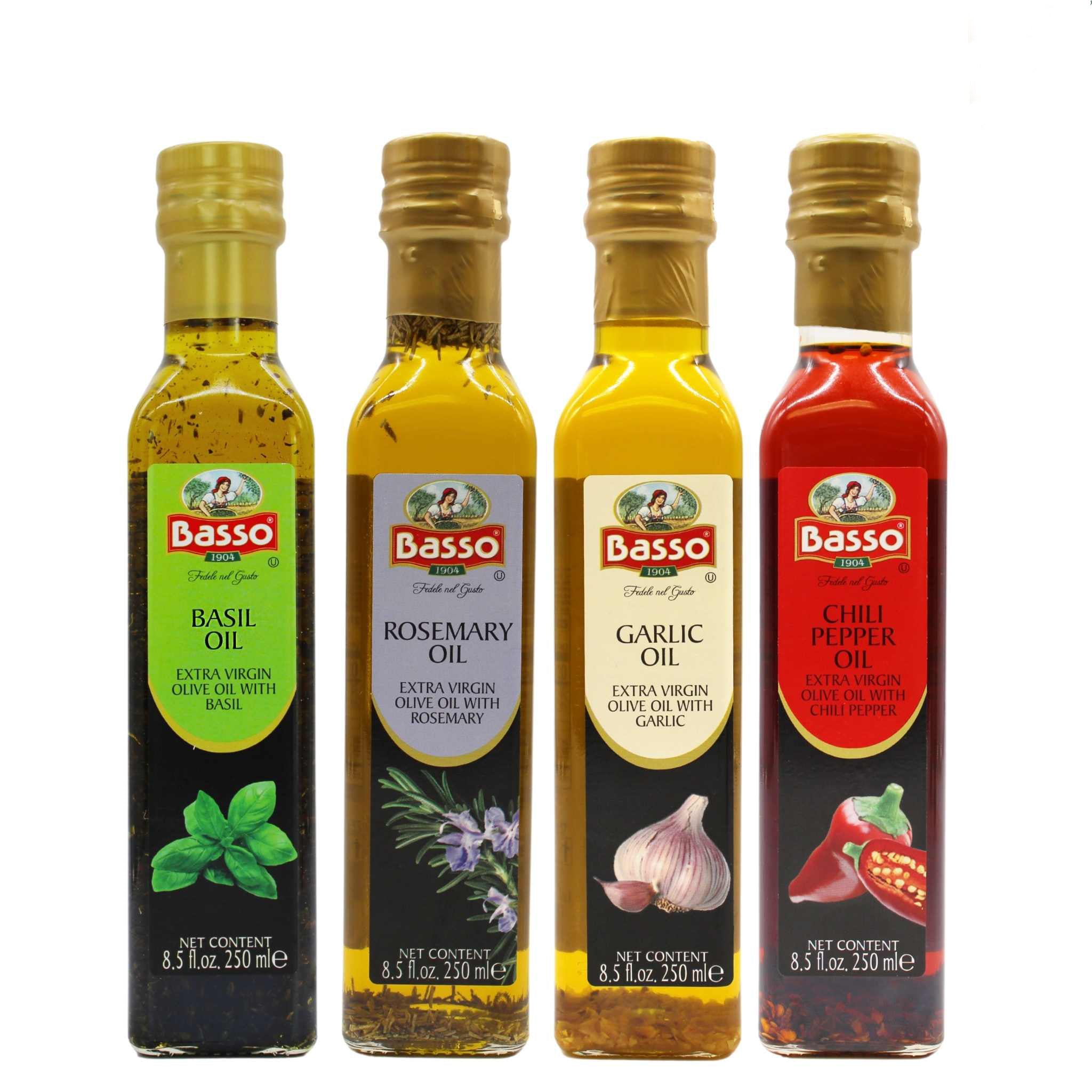 Basso 1904 Infused Extra Virgin Olive Oil Gift Set – Garlic, Chili, Rosemary & Basil – 4 x 8.5 fl oz (250 ml)