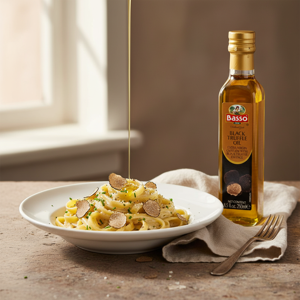 Basso 1904 Black Truffle Infused Extra Virgin Olive Oil – Gourmet Finishing Oil – 250 ml (8.5 fl oz)